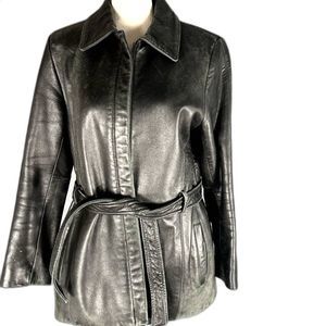 KENNETH COLE Vintage  black 100% soft leather woman's mid length tie jacket s M